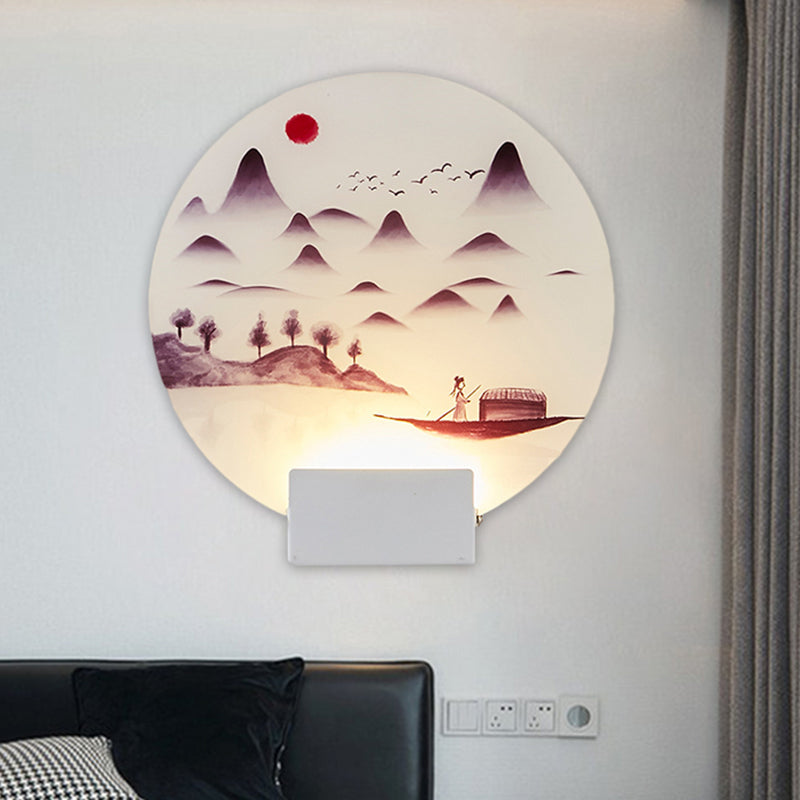 White Mountain Led Wall Light With Oriental Style Circular Mural