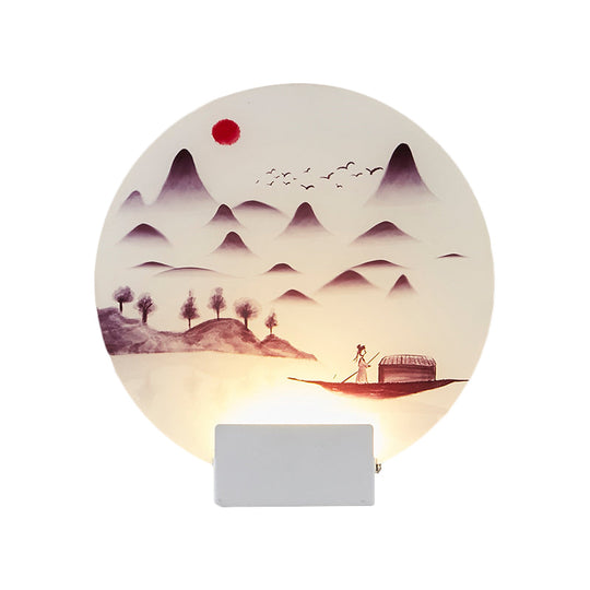 White Mountain Led Wall Light With Oriental Style Circular Mural