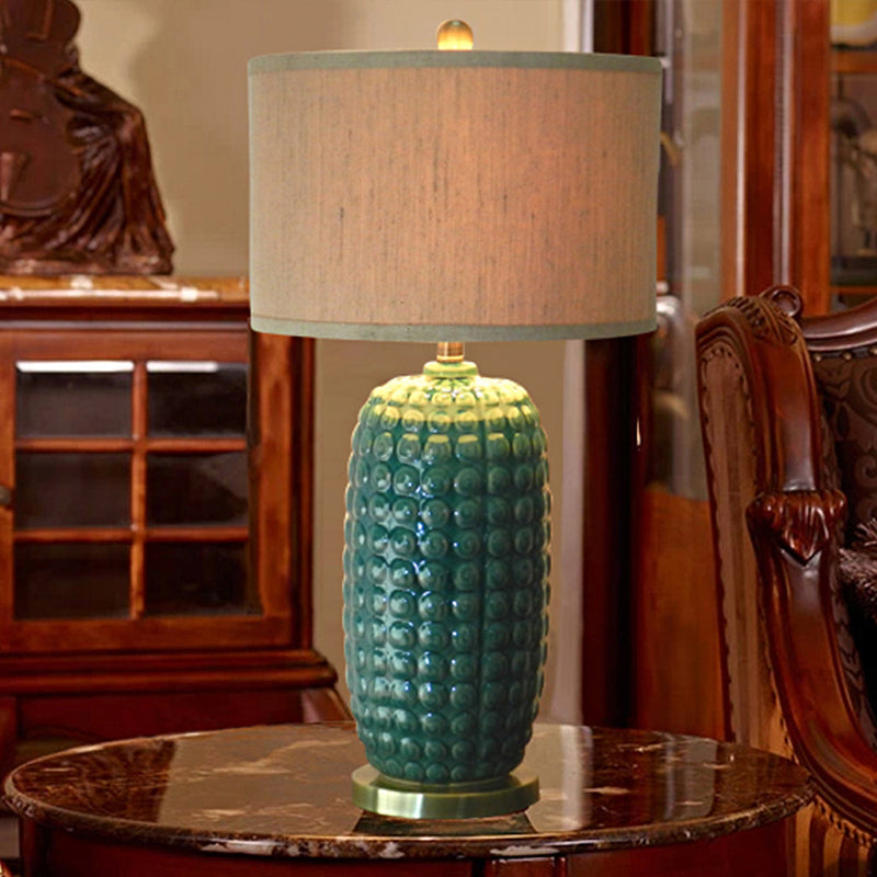 Vintage Green Porcelain Table Lamp With Fabric Shade - Retro Cylindrical Base 1 Head Nightstand For