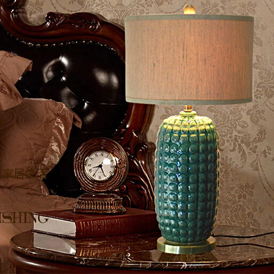 Vintage Green Porcelain Table Lamp With Fabric Shade - Retro Cylindrical Base 1 Head Nightstand For