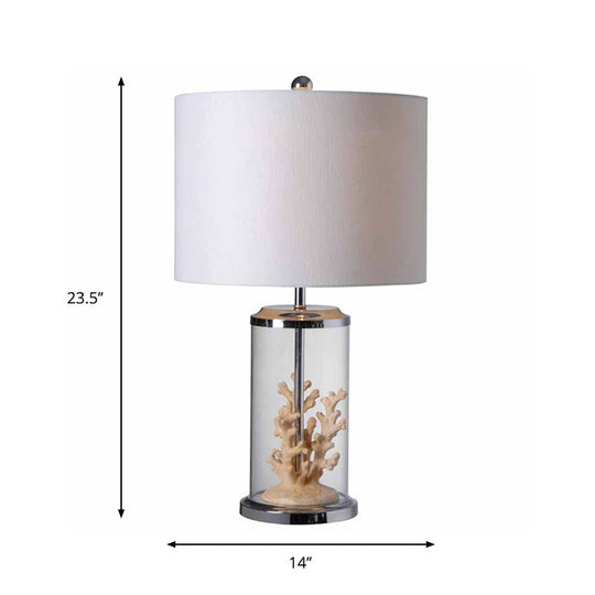 Traditional Style White Fabric Drum-Shaped Table Light With 1 Bulb - Bedside Nightstand Lamp