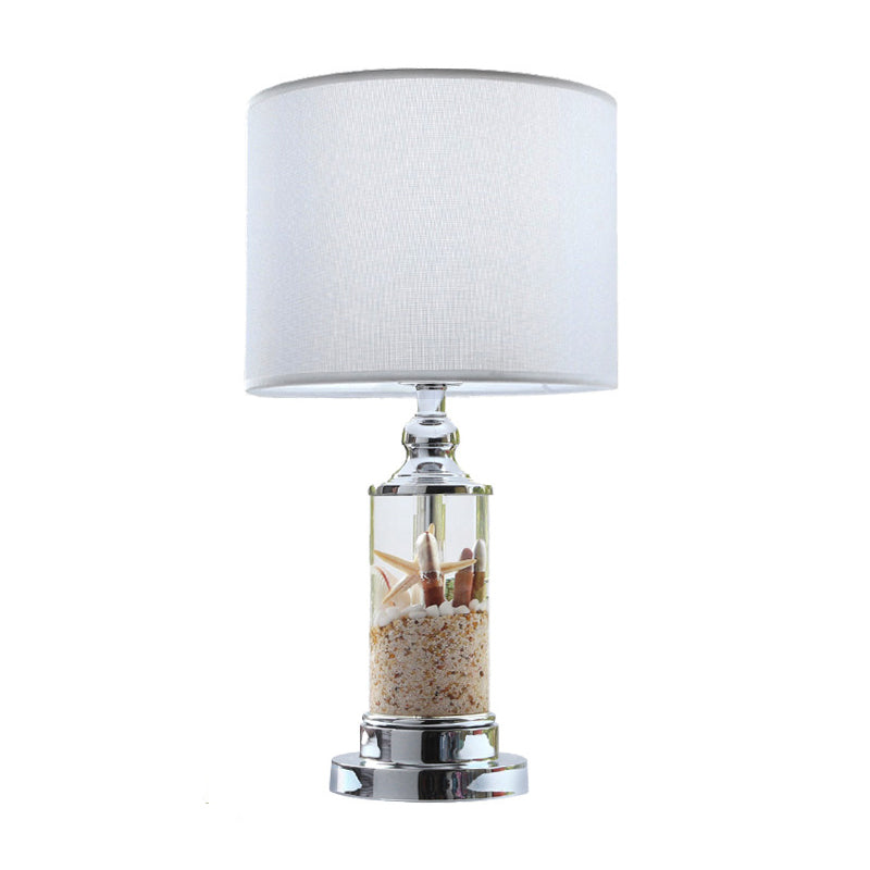 Antique Style Metal Night Lamp - 1-Light White Cylindrical Base With Drum Fabric Shade Bedroom Table