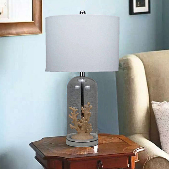 Antiqued Style Table Lamp - White Drum Shade Glass Base