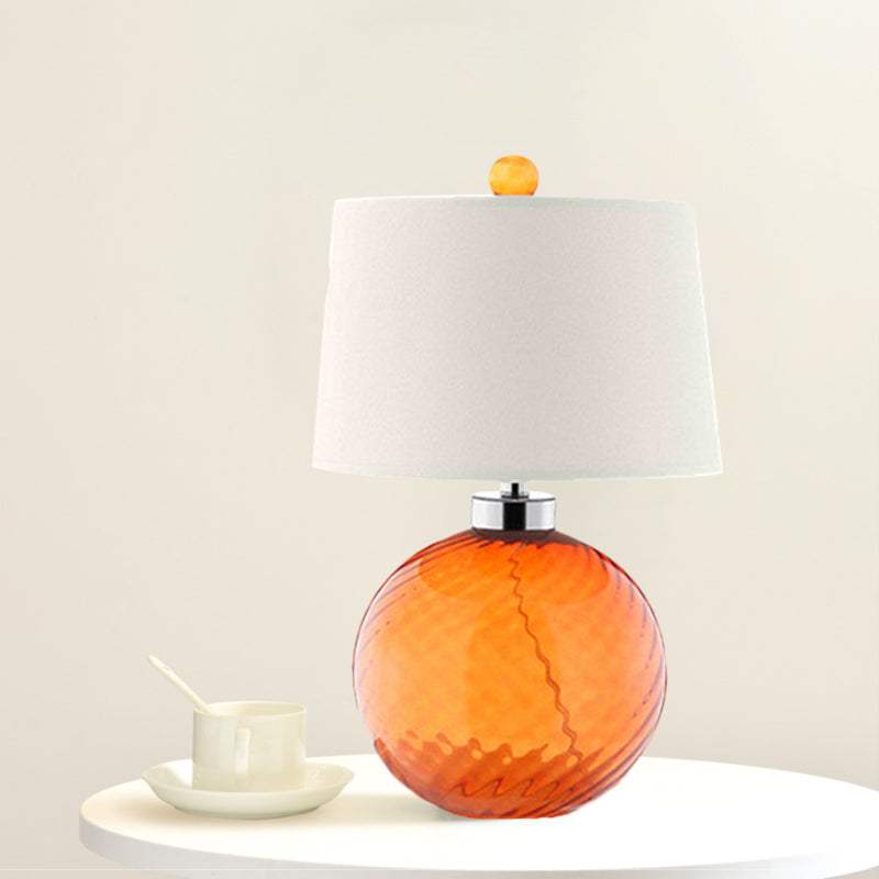 Retro Orange Sphere Glass Table Lamp With Fabric Barrel Shade - 1-Bulb Bedroom Light