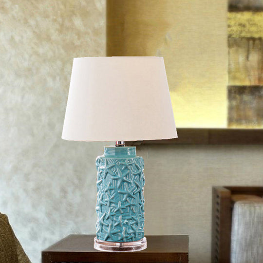 Traditional Blue Fabric Desk Light With Barrel Shade Ideal Bedroom Nightstand Lamp