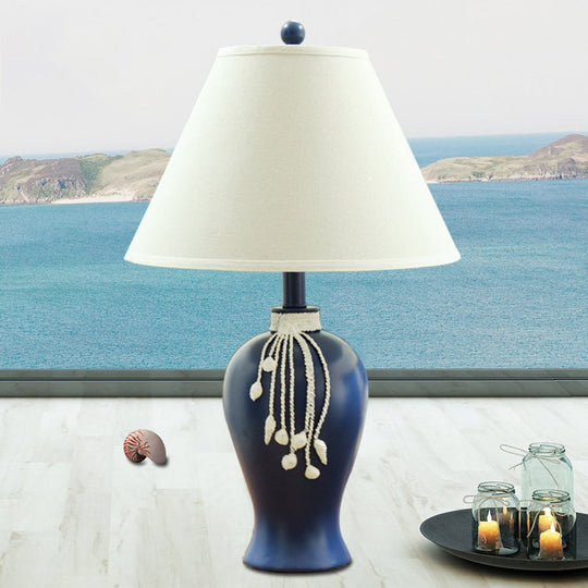 Traditional Style Flared Night Table Lamp In Blue For Living Room - Fabric Light With 1-Bulb