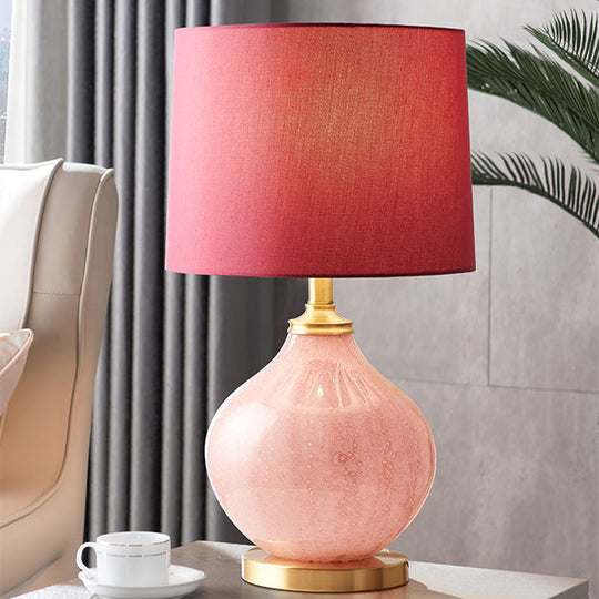 Traditional Style Pink Drum Table Lamp With Fabric Shade And 1 Bulb For Living Room Or Night Stand