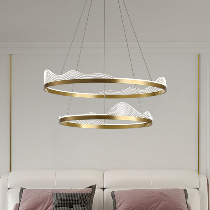 2-Tier Metallic Led Hoop Pendant Chandelier - Modern Bedroom Ceiling Fixture In Gold