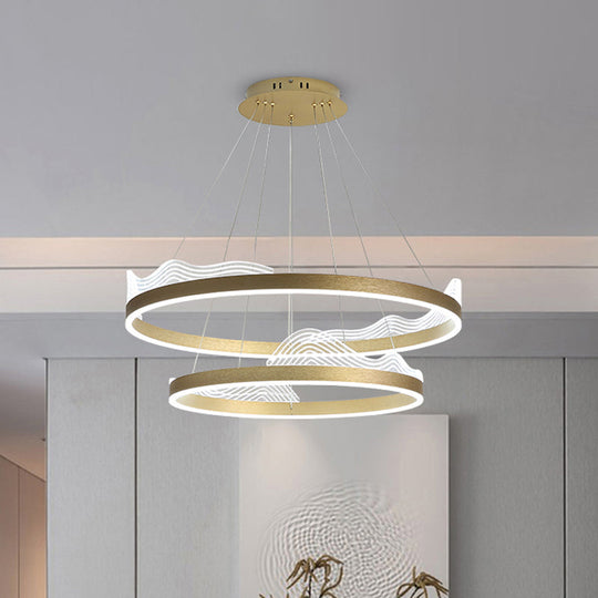 2-Tier Metallic Led Hoop Pendant Chandelier - Modern Bedroom Ceiling Fixture In Gold