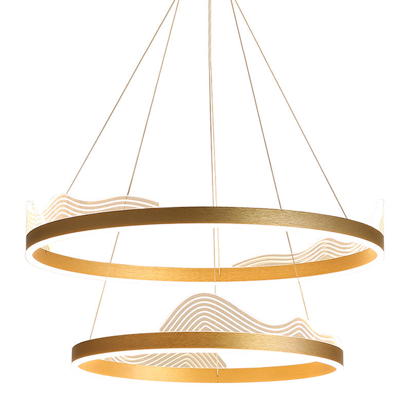 2-Tier Metallic Led Hoop Pendant Chandelier - Modern Bedroom Ceiling Fixture In Gold