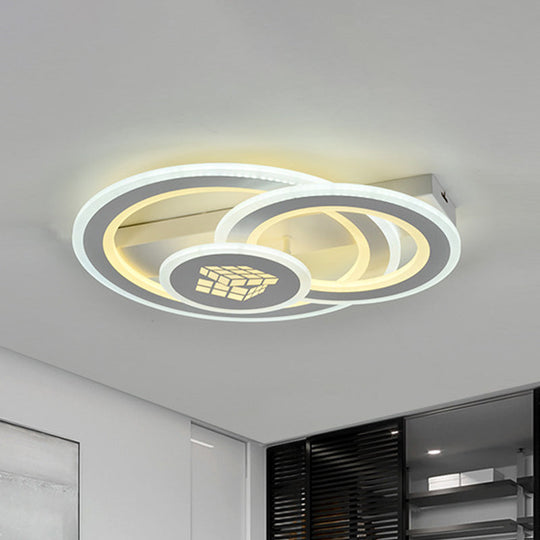 Modern LED Semi-Mount Ceiling Lamp for Bedroom - White Acrylic, 3 Circular Lights