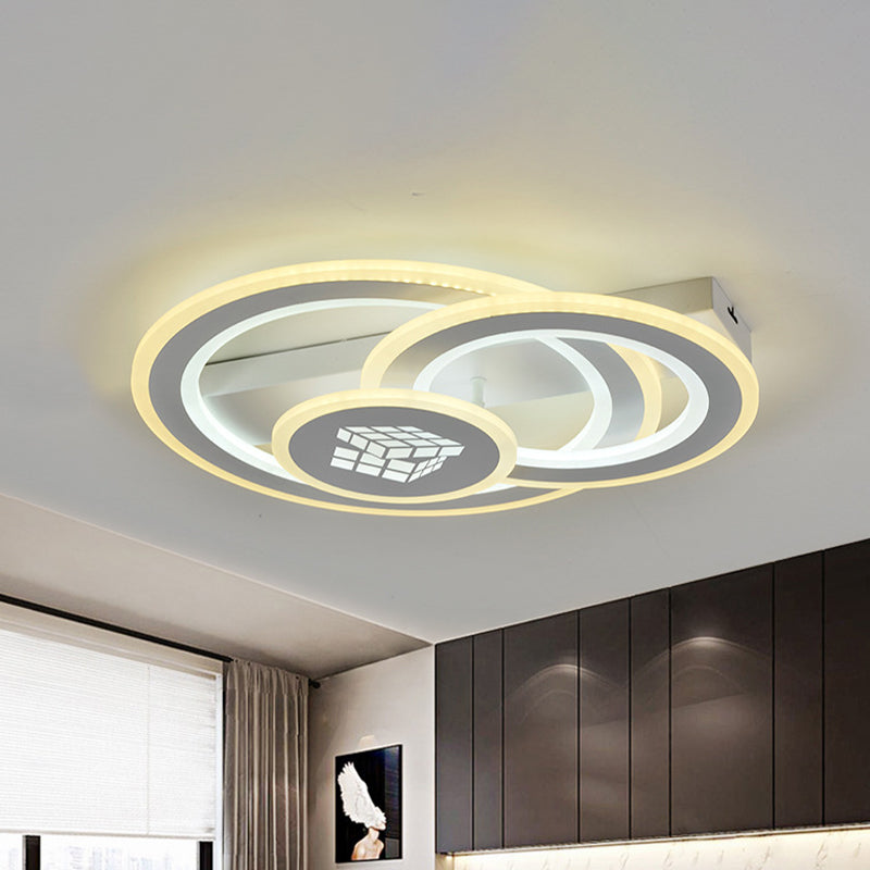 Modern LED Semi-Mount Ceiling Lamp for Bedroom - White Acrylic, 3 Circular Lights