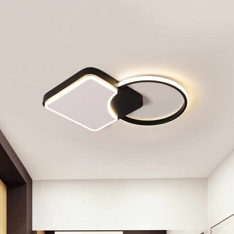 Modern Flush Mounted Led Lamp Fixture In Black White/Warm Light - Ring And Rhombus Corridor Lighting