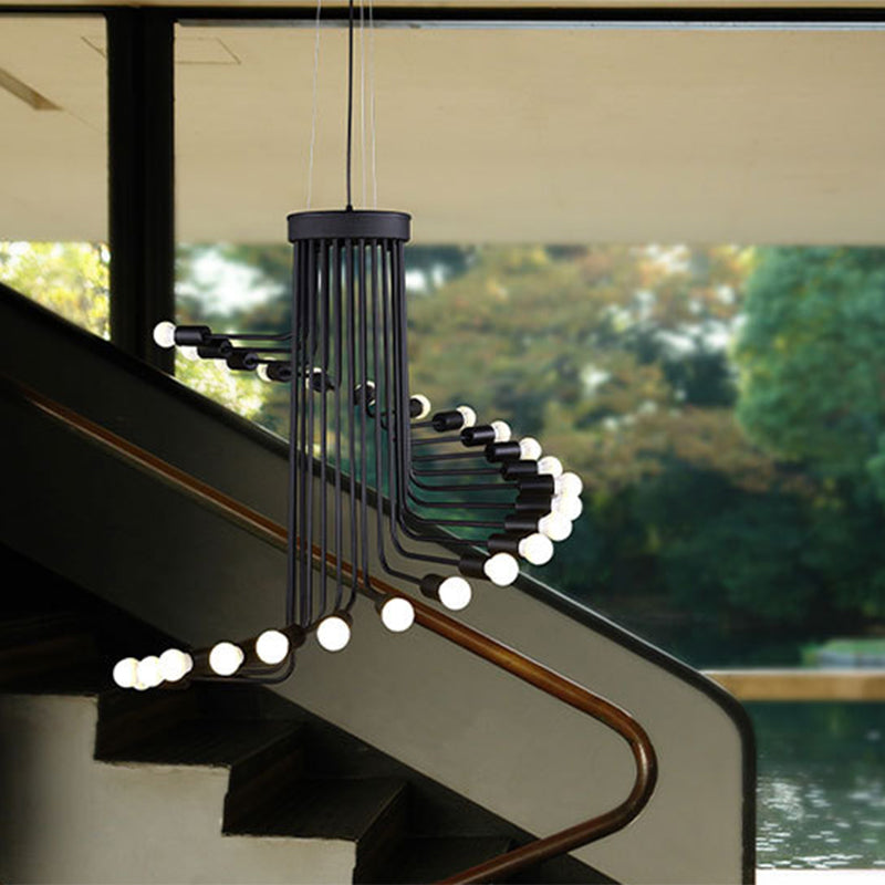 Black Industrial Angled Arm Chandelier With Spiral Iron Design - 16/26 Bulb Dining Room Pendant