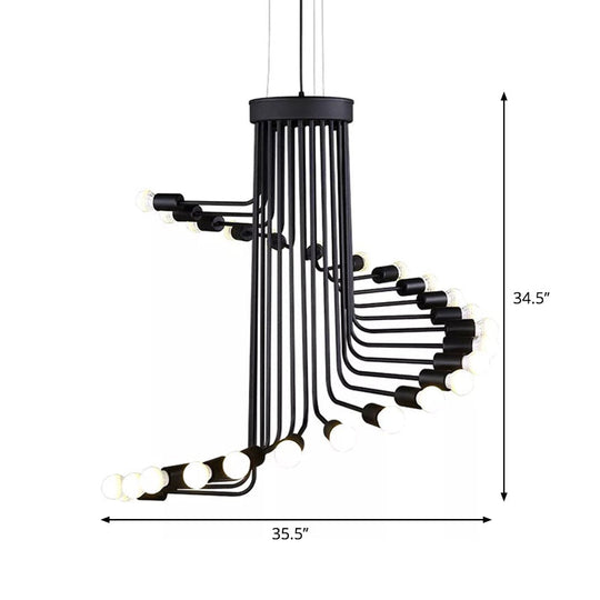 Black Industrial Angled Arm Chandelier With Spiral Iron Design - 16/26 Bulb Dining Room Pendant