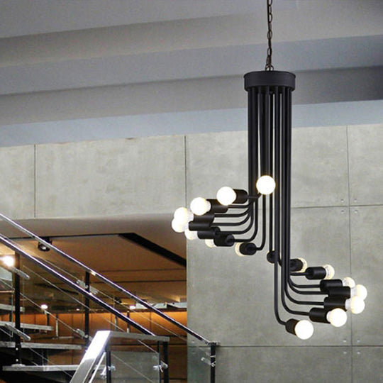 Industrial Angled Arm Ceiling Chandelier with Spiral Iron Design - Black Finish, 16/26 Bulbs - Perfect for Dining Room Pendant Lighting