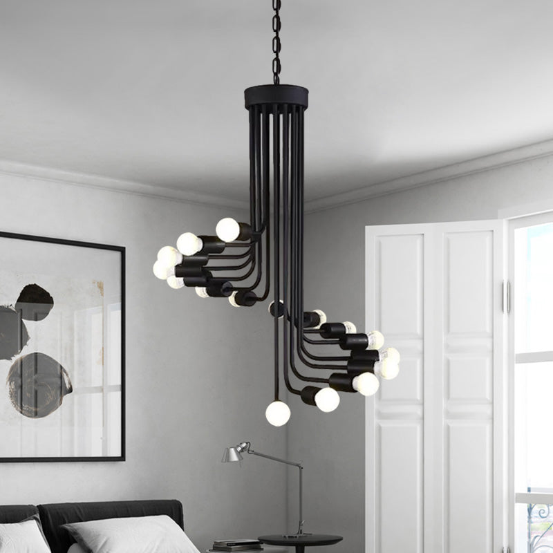 Black Industrial Angled Arm Chandelier With Spiral Iron Design - 16/26 Bulb Dining Room Pendant