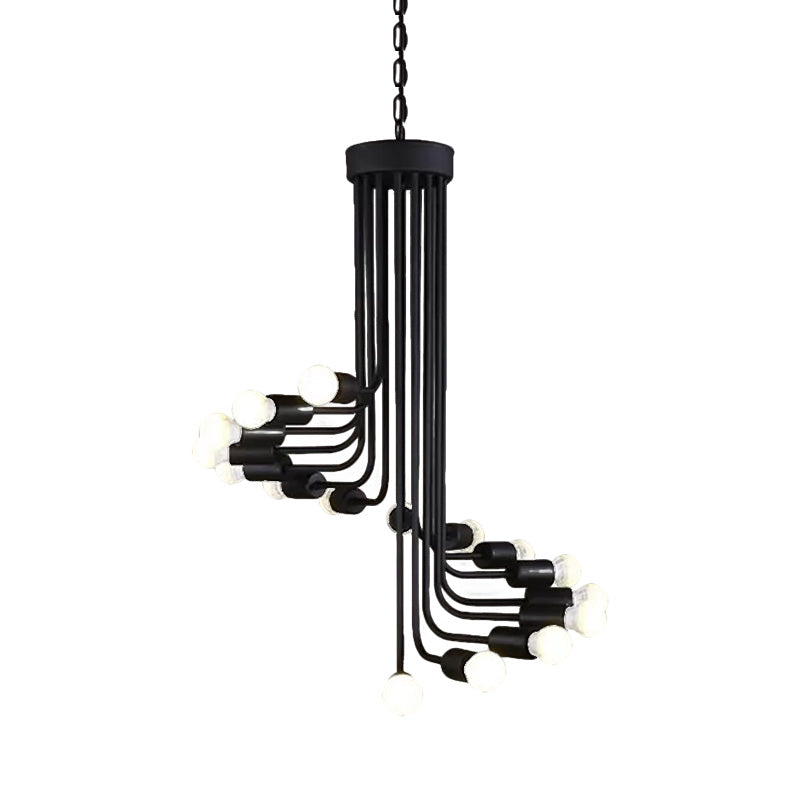 Industrial Angled Arm Ceiling Chandelier with Spiral Iron Design - Black Finish, 16/26 Bulbs - Perfect for Dining Room Pendant Lighting