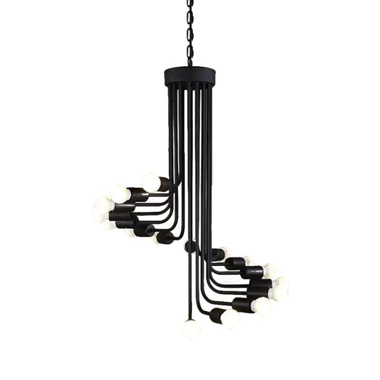 Black Industrial Angled Arm Chandelier With Spiral Iron Design - 16/26 Bulb Dining Room Pendant