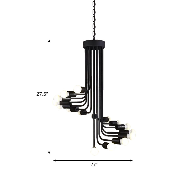 Black Industrial Angled Arm Chandelier With Spiral Iron Design - 16/26 Bulb Dining Room Pendant