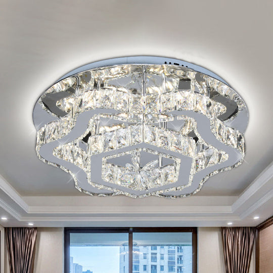 Modern Crystal LED Flush Light with Inlaid Stainless Steel Flower Design - Ideal for Living Room Ceiling Mount