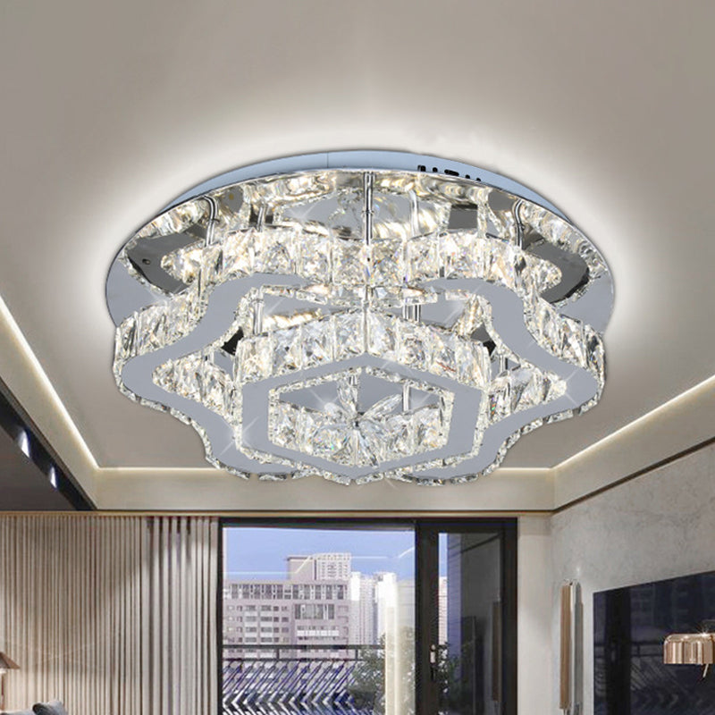 Modern Crystal LED Flush Light with Inlaid Stainless Steel Flower Design - Ideal for Living Room Ceiling Mount