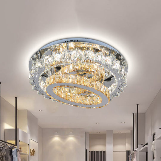 Contemporary Crystal Stainless Steel LED Semi Flush Mount Bedroom Ceiling Lamp with Tiered Hoops