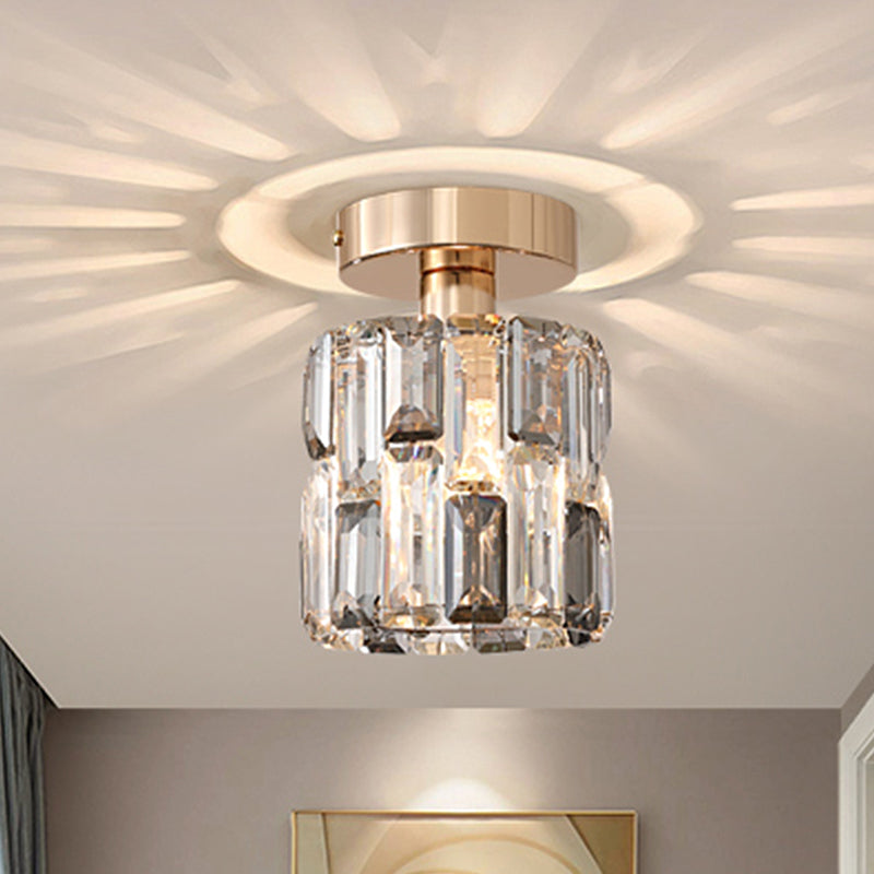 Cylinder Crystal Semi Flush Mount Ceiling Light in Clear/Smoke Grey - Small Bulb