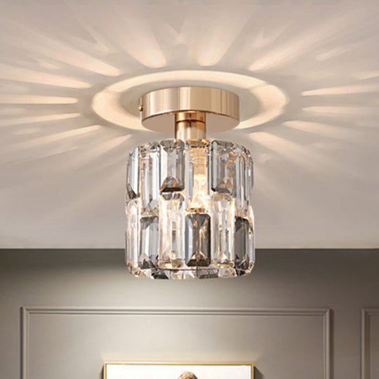 Cylinder Crystal Semi Flush Mount Ceiling Light in Clear/Smoke Grey - Small Bulb