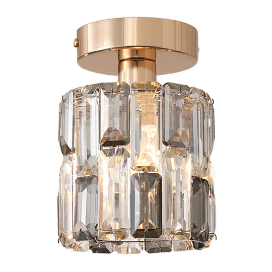 Cylinder Crystal Semi Flush Mount Ceiling Light in Clear/Smoke Grey - Small Bulb