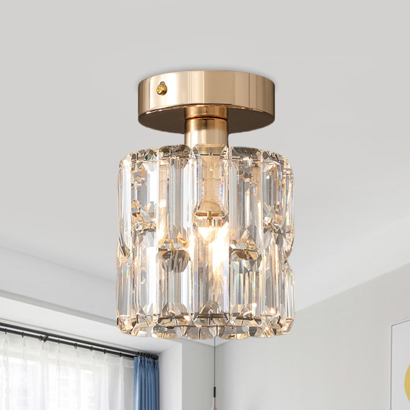 Cylinder Crystal Semi Flush Mount Ceiling Light in Clear/Smoke Grey - Small Bulb