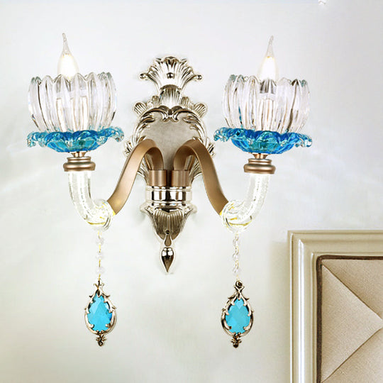 Retro Blue/Clear Glass Lotus Wall Light Fixture - 1/2 Head Sconce For Dining Room