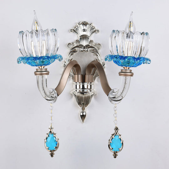 Retro Blue/Clear Glass Lotus Wall Light Fixture - 1/2 Head Sconce For Dining Room