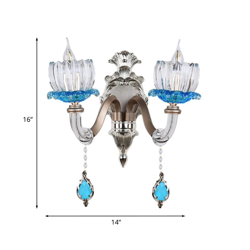 Retro Blue/Clear Glass Lotus Wall Light Fixture - 1/2 Head Sconce For Dining Room