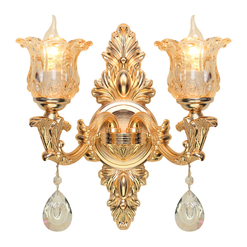 Antique Gold Bellflower Amber Glass Wall Lamp Kit With 2 Lights For Living Room Sconce