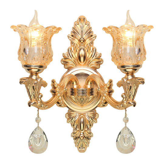 Antique Gold Bellflower Amber Glass Wall Lamp Kit With 2 Lights For Living Room Sconce