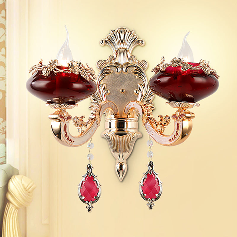 Burgundy Glass Sconce Lighting Fixture With Retro Flameless Candle Design For Dining Room