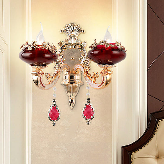 Burgundy Glass Sconce Lighting Fixture With Retro Flameless Candle Design For Dining Room