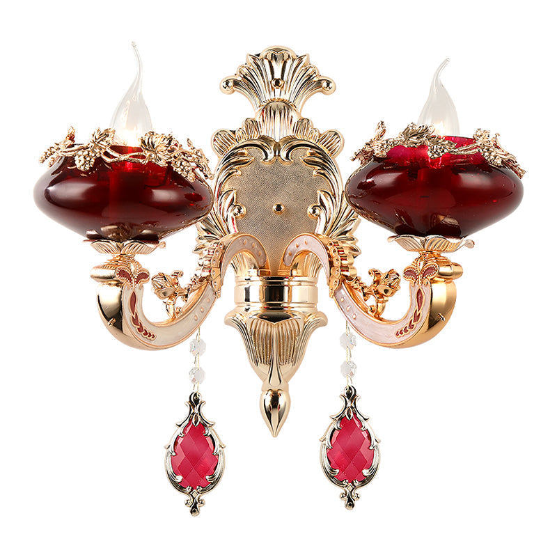 Burgundy Glass Sconce Lighting Fixture With Retro Flameless Candle Design For Dining Room