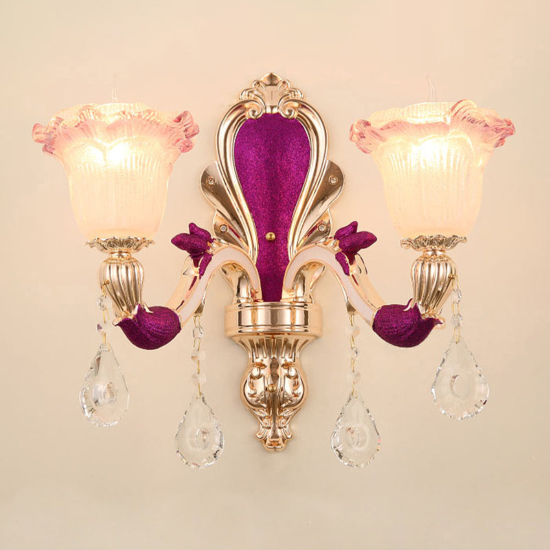 Antique Purple Glass Ruffle-Trimmed Wall Sconce With Double Heads Mount Light Fixture