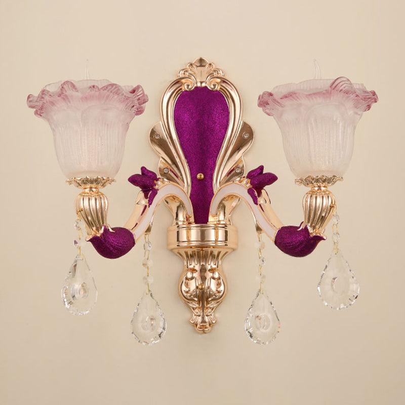 Antique Purple Glass Ruffle-Trimmed Wall Sconce With Double Heads Mount Light Fixture