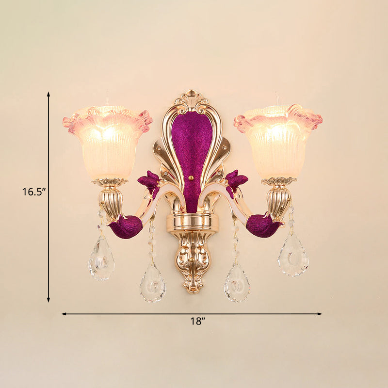 Antique Purple Glass Ruffle-Trimmed Wall Sconce With Double Heads Mount Light Fixture