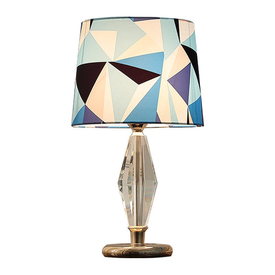 Blue Patchwork Fabric Table Lamp With Crystal Accent | Modern Bedroom Nightstand Light