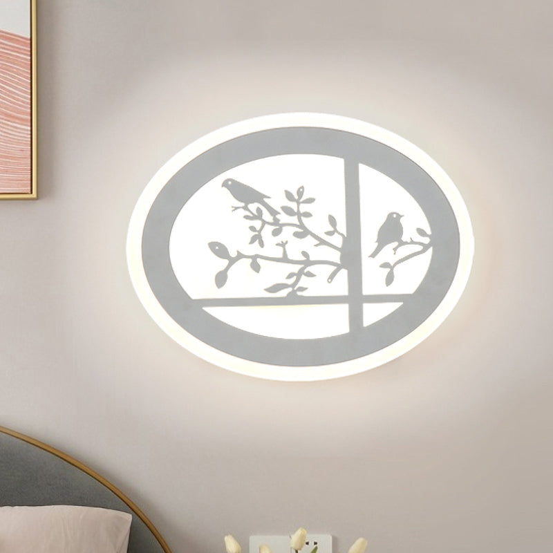 Asia Style Led Circular Acrylic Bird And Branch Wall Lamp With White/Warm Light White / Warm