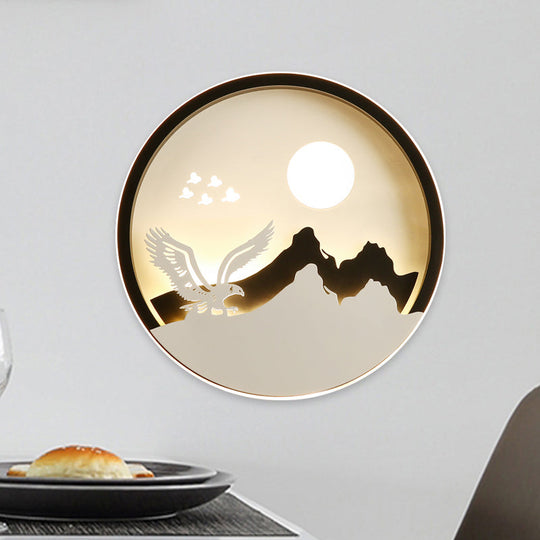 Asia Style Black Acrylic Led Wall Lamp With Eagle And Mountain Pattern