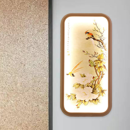 Chinese Style Led Yellow Wall Mount Light With Fabric Rectangle Leaf And Bird Mural