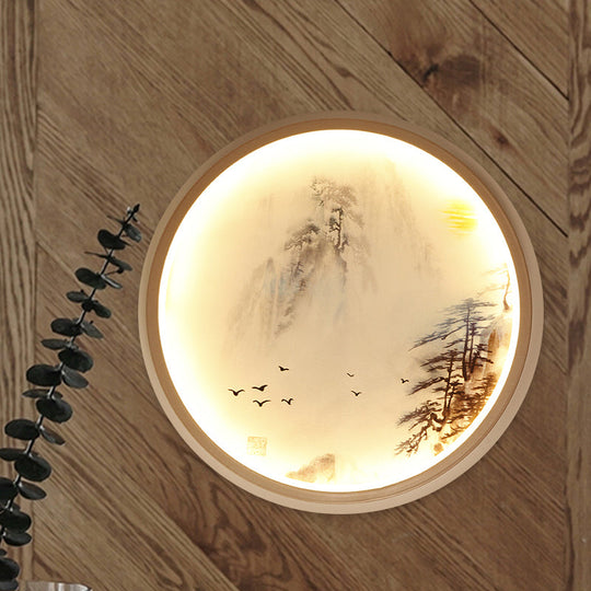 Asia Style Led Wall Light With Circular Metallic Pine Tree And Bird Design