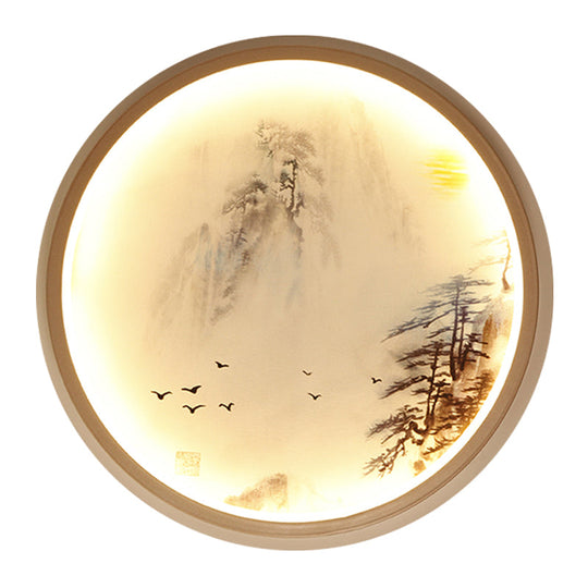 Asia Style Led Wall Light With Circular Metallic Pine Tree And Bird Design