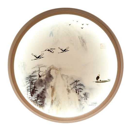 Asia Style Led Wall Light With Circular Metallic Pine Tree And Bird Design