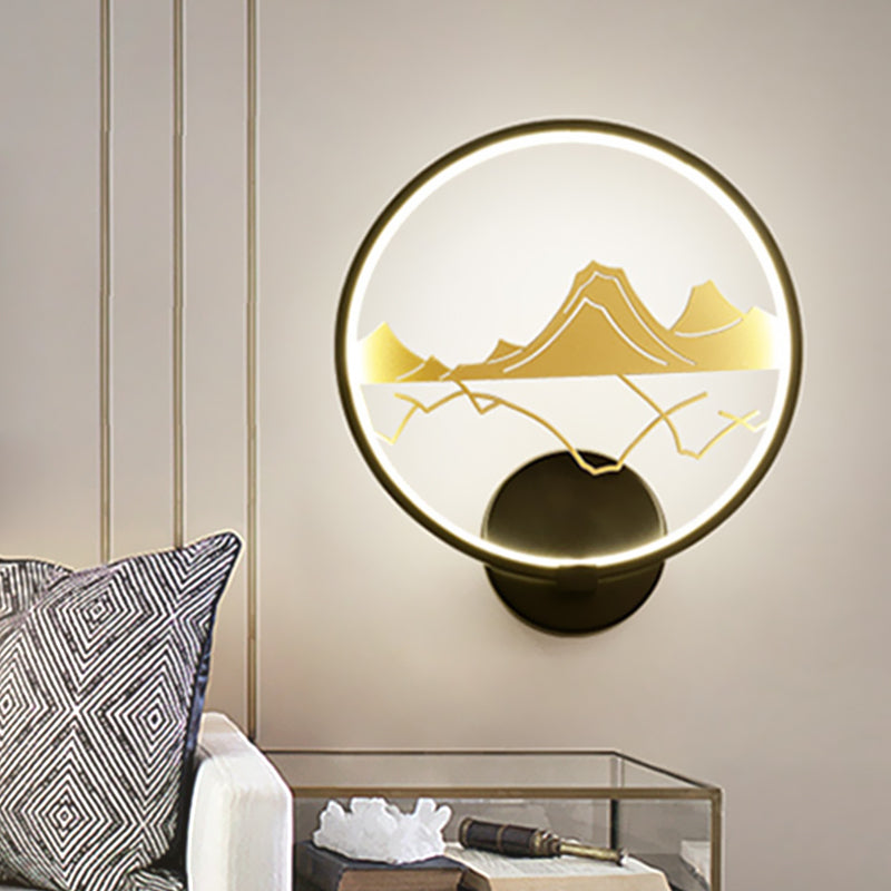 Asia Style Led Wall Light With Mountain Pattern - Black Circular Mount